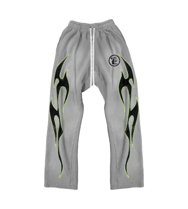 HELLSTAR STUDIOS GREY GREEN FUTURE FLAME FLARED SWEATPANTS